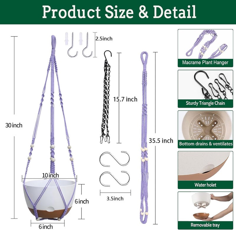 Koalaime 2 Pack Hanging Planters Set,10 Inch Indoor Outdoor Hanging Plant Pot Basket,Hanging Flower Pot with Drainage Hole with 3 Hooks for Garden Home(Purple Hanger White Planters) - Image 3